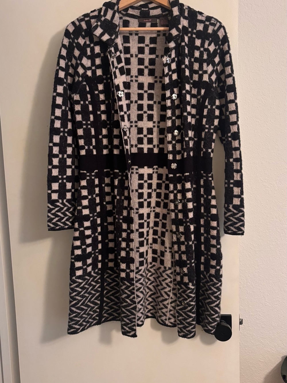 Black and Cream Patterned Longline Knit coat